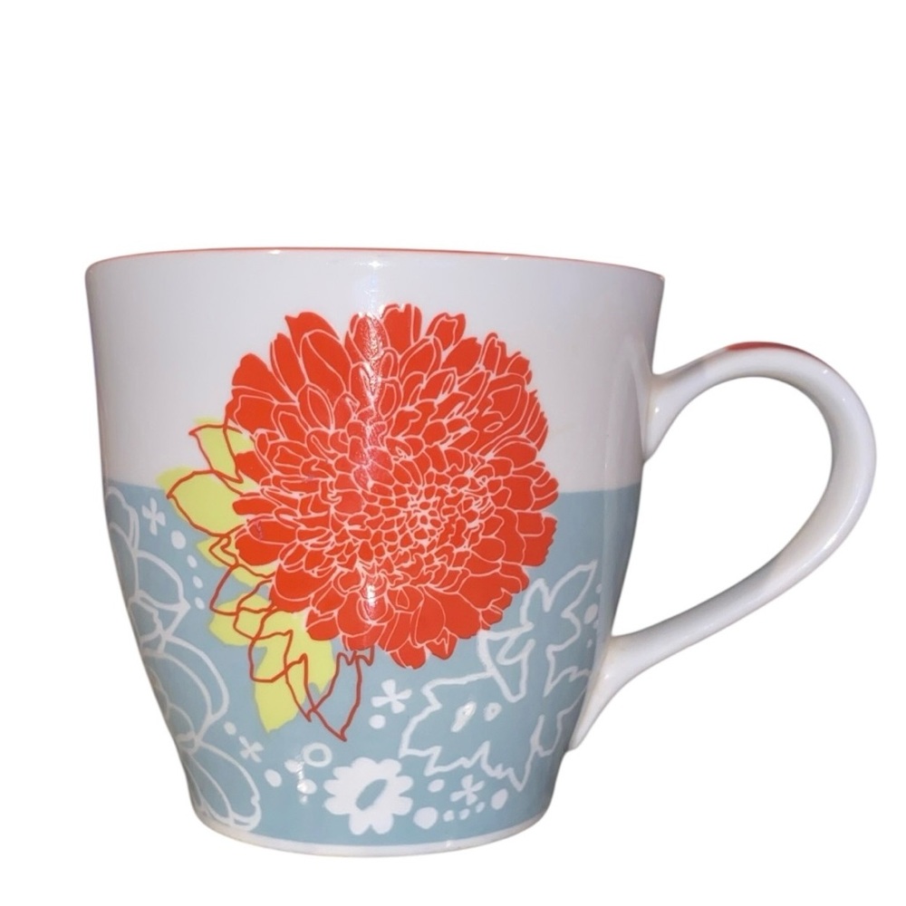 2009 Starbucks Floral Ceramic Coffee Mug in Coral and Light Blue